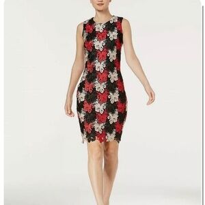 Calvin Klein Dress Sz 14 Black Red Beige Color Rich Lace Sheath Cocktail…